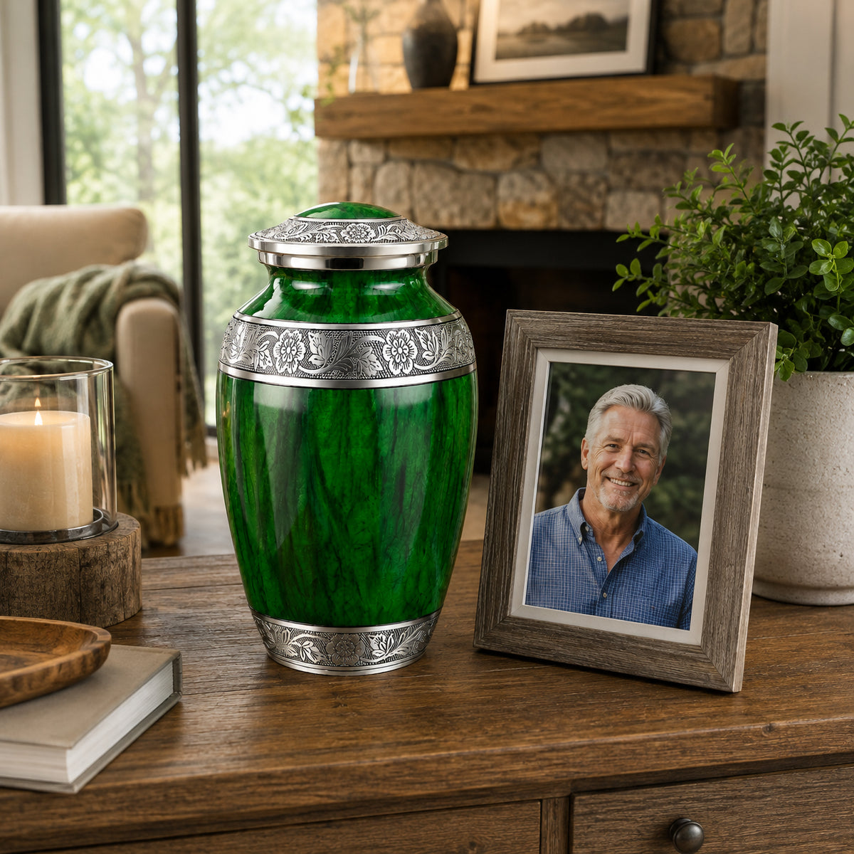 Green Watercolor Cremation Urn - Memorial Display Lifestyle Photo