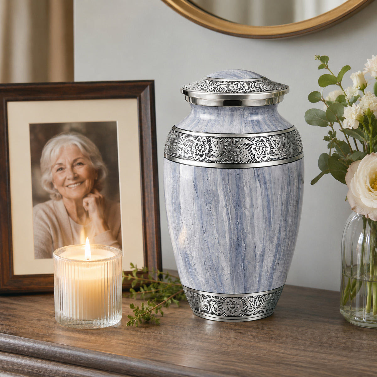 Light Gray Watercolor Cremation Urn - Memorial Display with Candle Lifestyle Photo