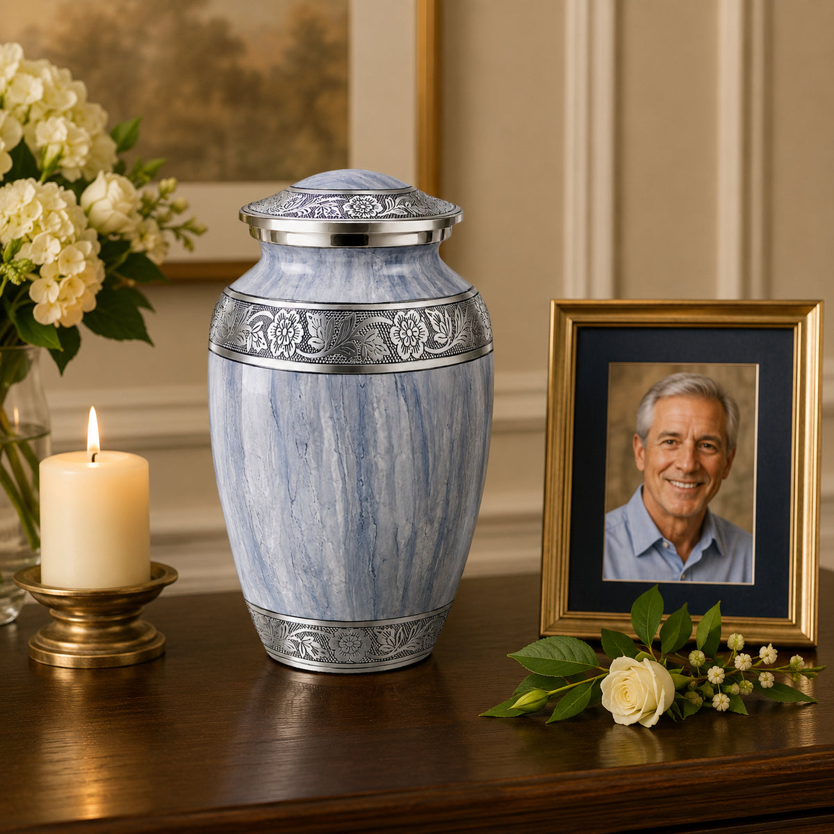 Light Gray Watercolor Cremation Urn with Velvet Bag