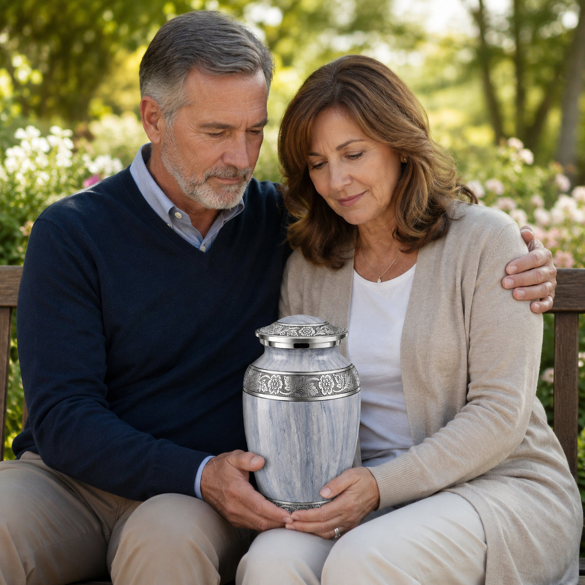 Light Gray Watercolor Cremation Urn - Couple on Bench Lifestyle Photo