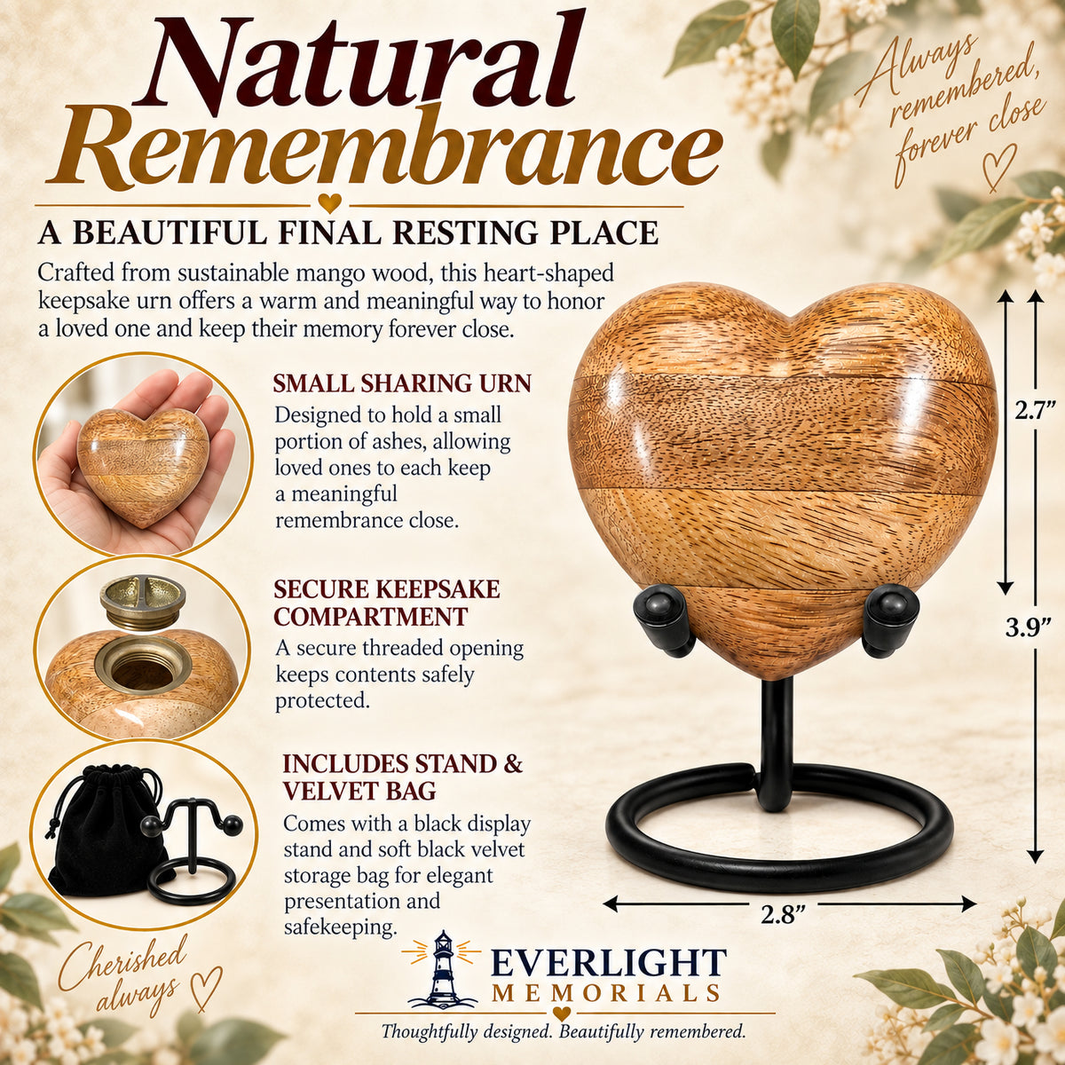Wooden heart keepsake urn infographic showing dimensions, threaded opening, stand, and velvet bag