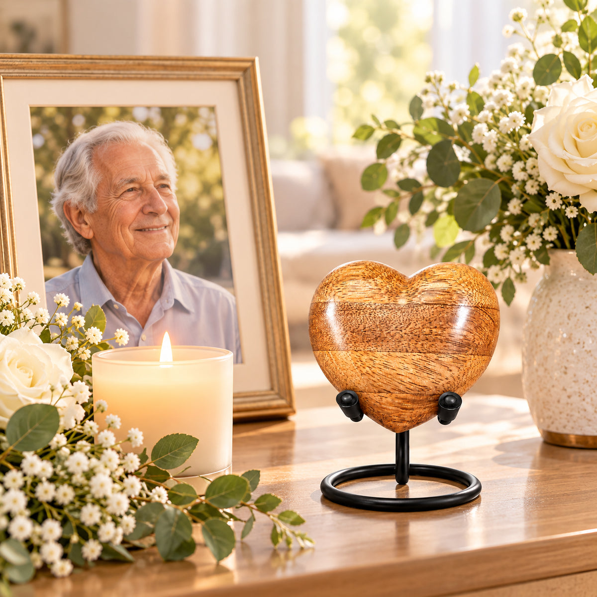 Wooden heart keepsake urn on a display stand beside flowers, candle, and framed photograph