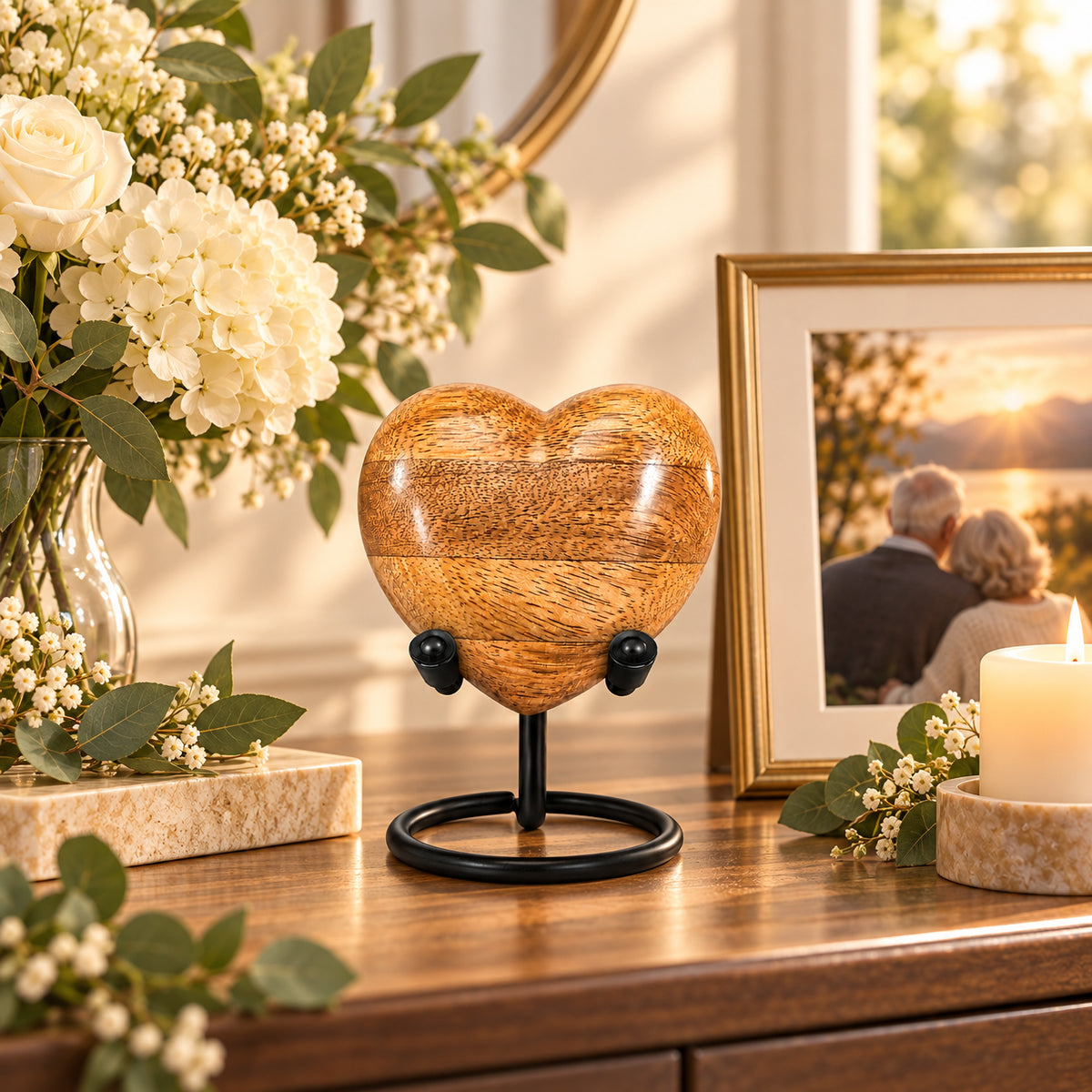 Wooden heart keepsake urn held gently in both hands
