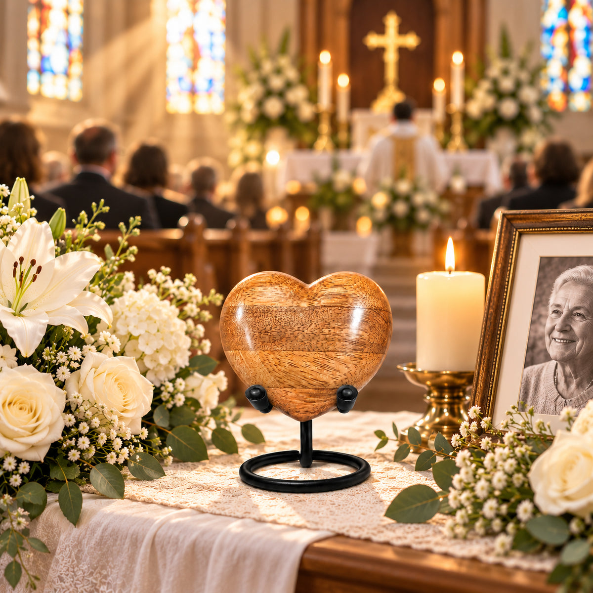 Wooden heart keepsake urn displayed with flowers at a memorial service