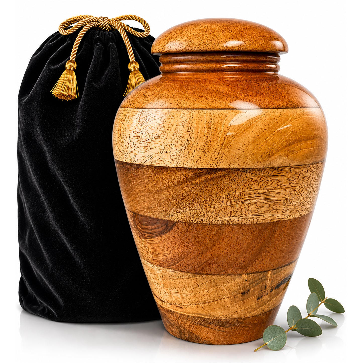 Handcrafted Wooden Cremation Urn for Human Ashes with black velvet bag — adult memorial urn for men and women