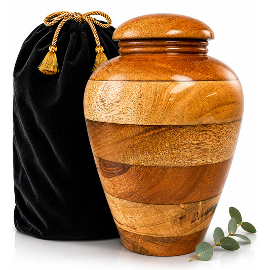 Handcrafted Wooden Cremation Urn for Human Ashes with black velvet bag — adult memorial urn for men and women