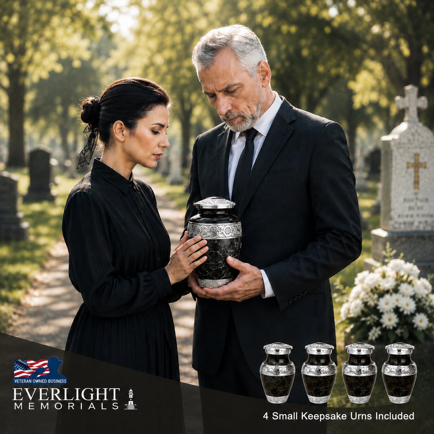 Black marble cremation urn set displayed in church memorial setting