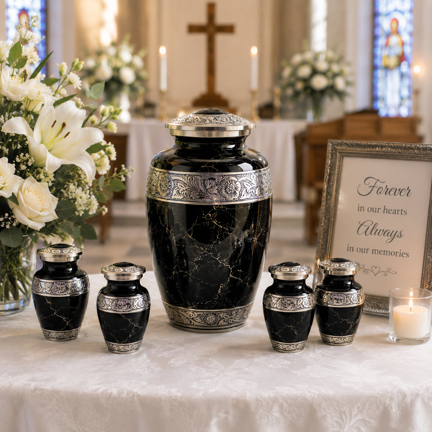 Couple holding black marble cremation urn at cemetery with 4 keepsake urns shown