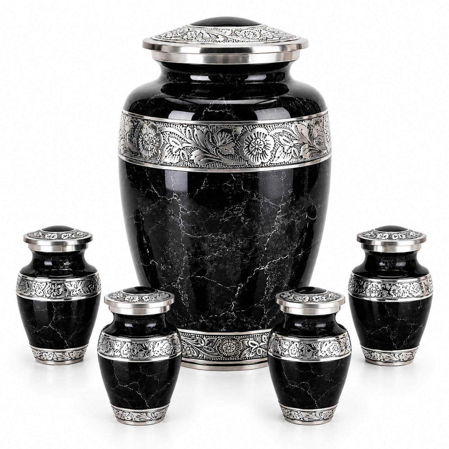 Black marble cremation urn set with one large adult urn and four matching keepsake urns on white background