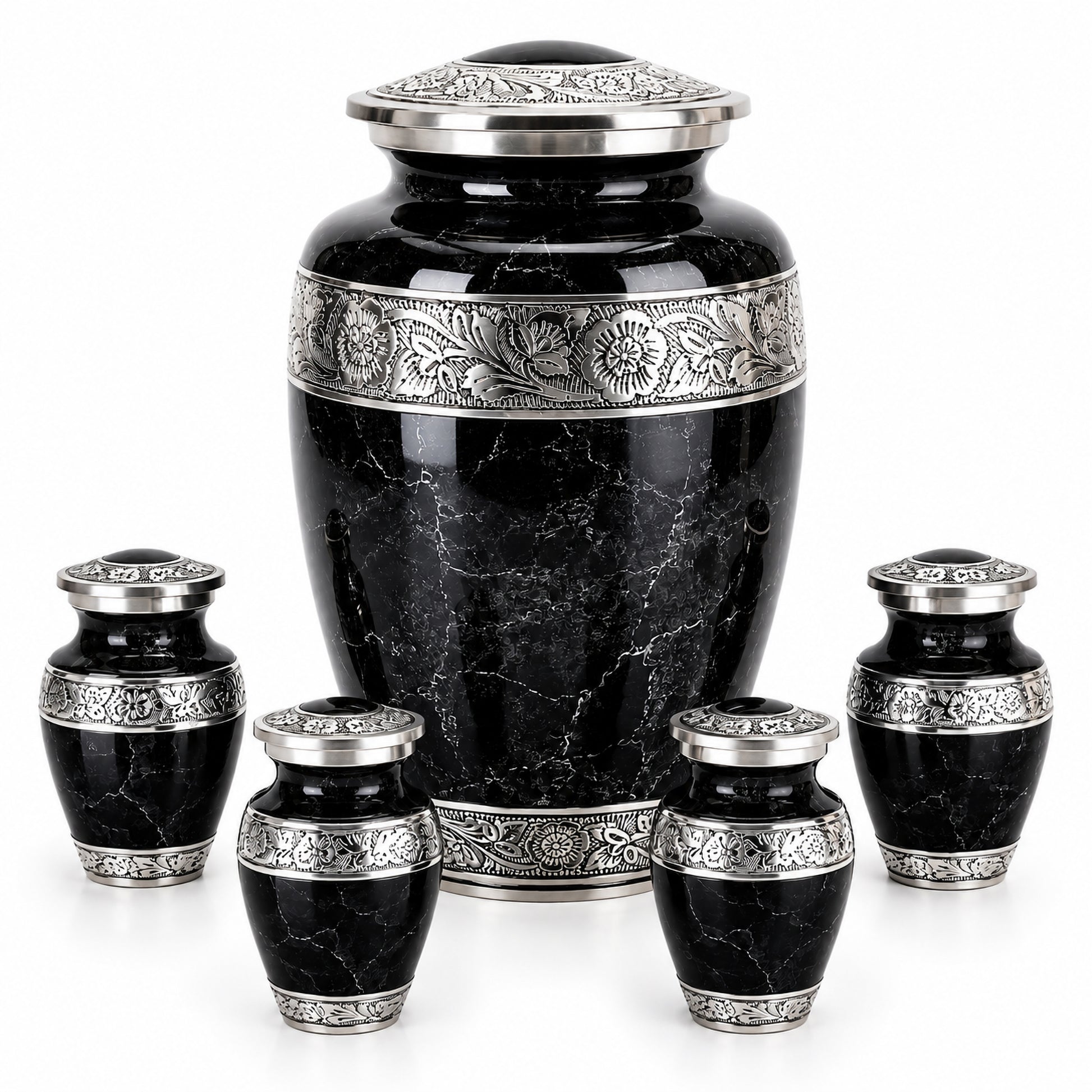 Black marble cremation urn set with one large adult urn and four matching keepsake urns on white background