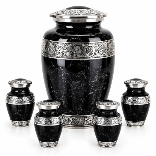 Black marble cremation urn set with one large adult urn and four matching keepsake urns on white background