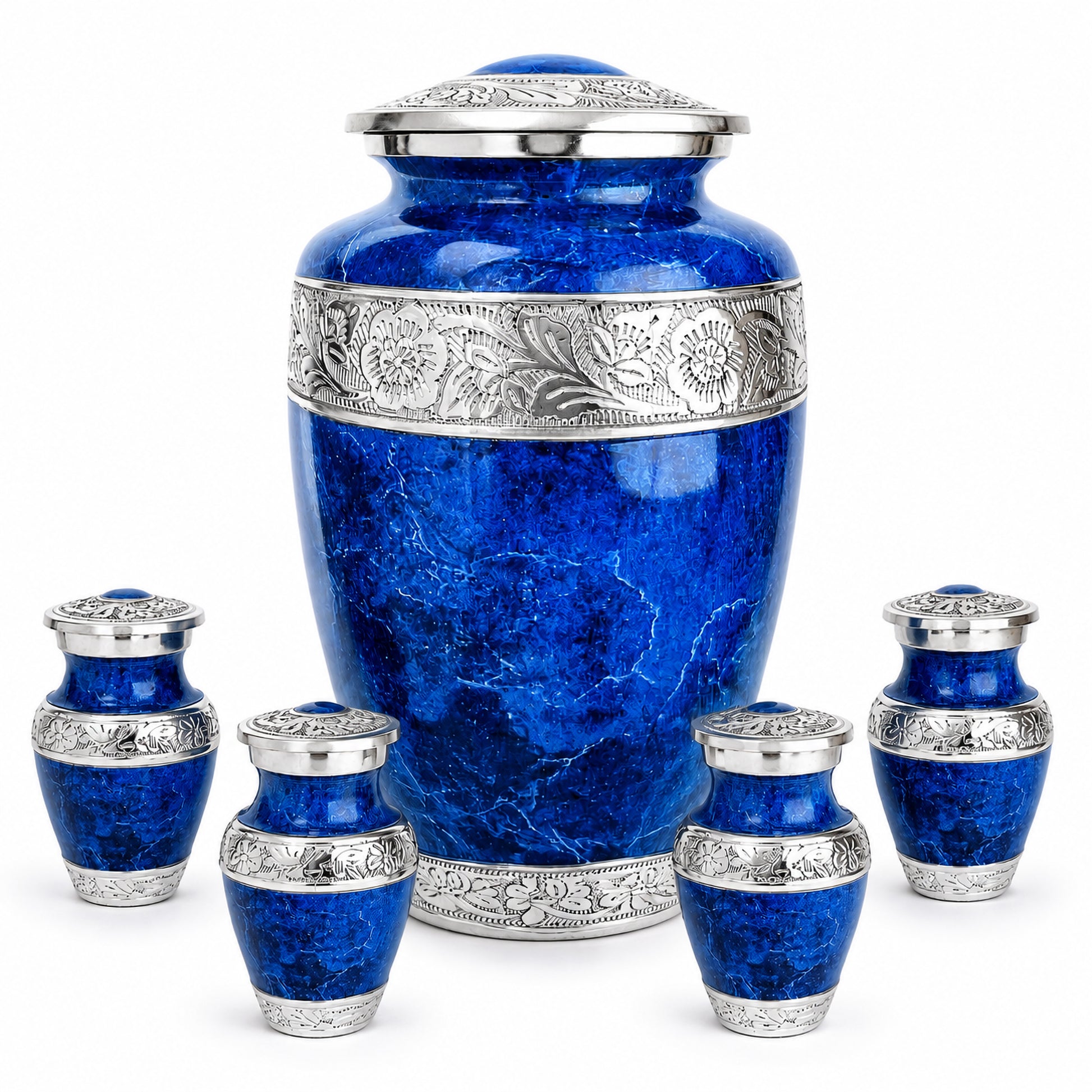 Blue marble cremation urn set with one large adult urn and four matching keepsake urns on white background