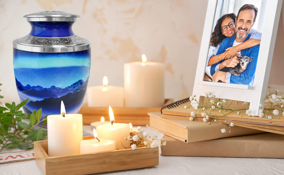 Aurora Borealis Cremation Urn for Human Ashes, Large with Velvet Bag