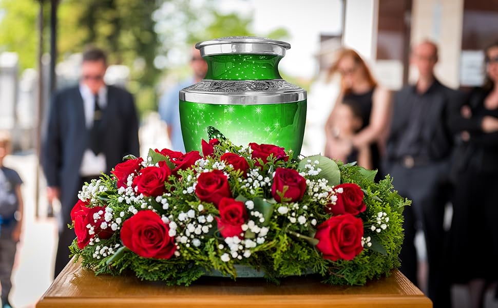 Green Butterfly Cremation Urn for Ashes, Large with Velvet Bag