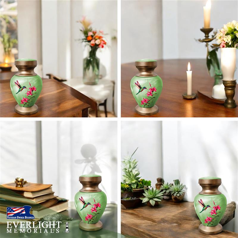 Small Keepsake Urn for Human Ashes - Green Hummingbird