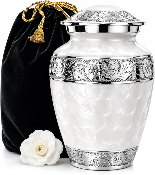 White Forever After Adult Cremation Urn with silver floral band and black velvet bag
