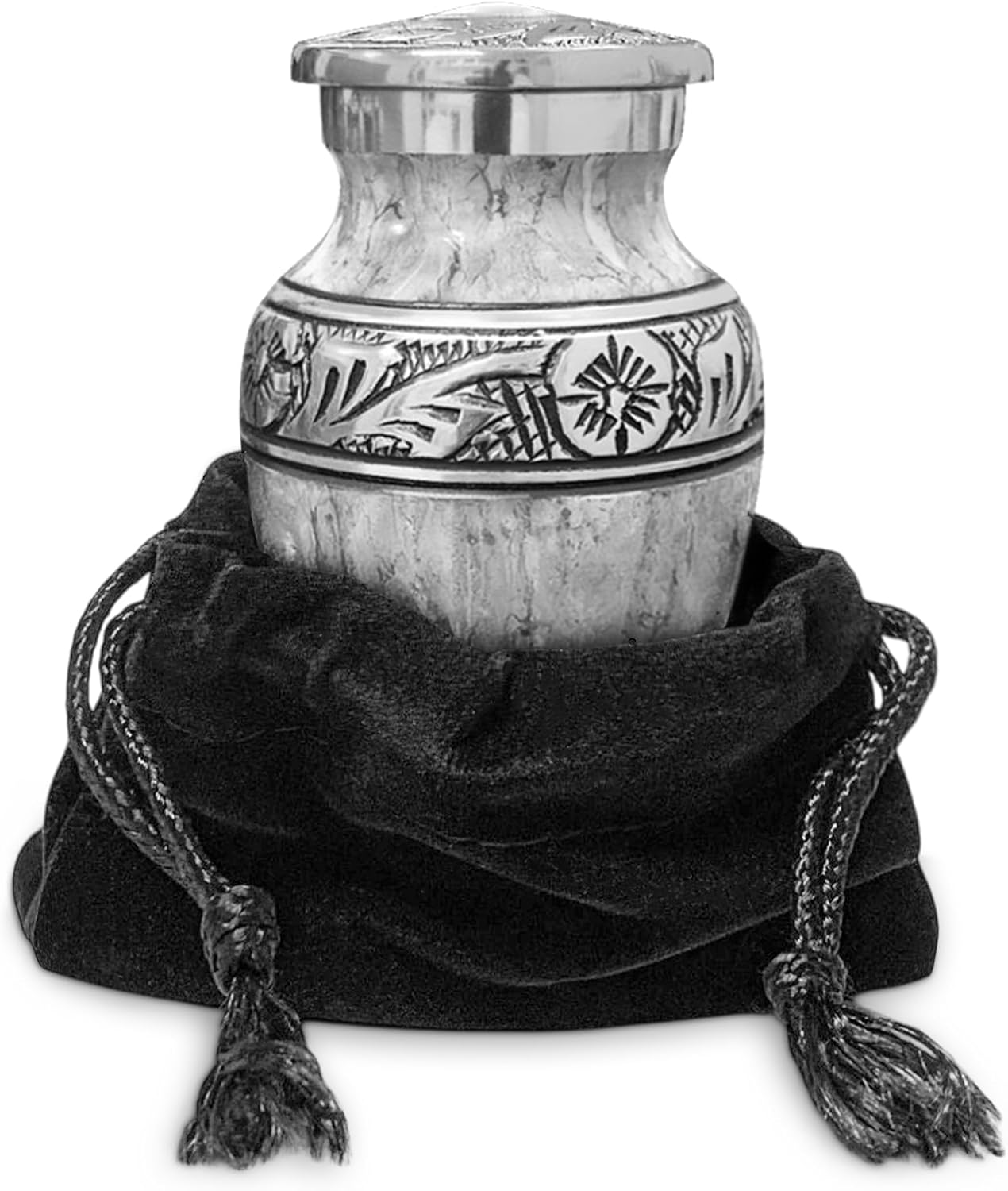 Light gray watercolor keepsake urn with black velvet bag on white background