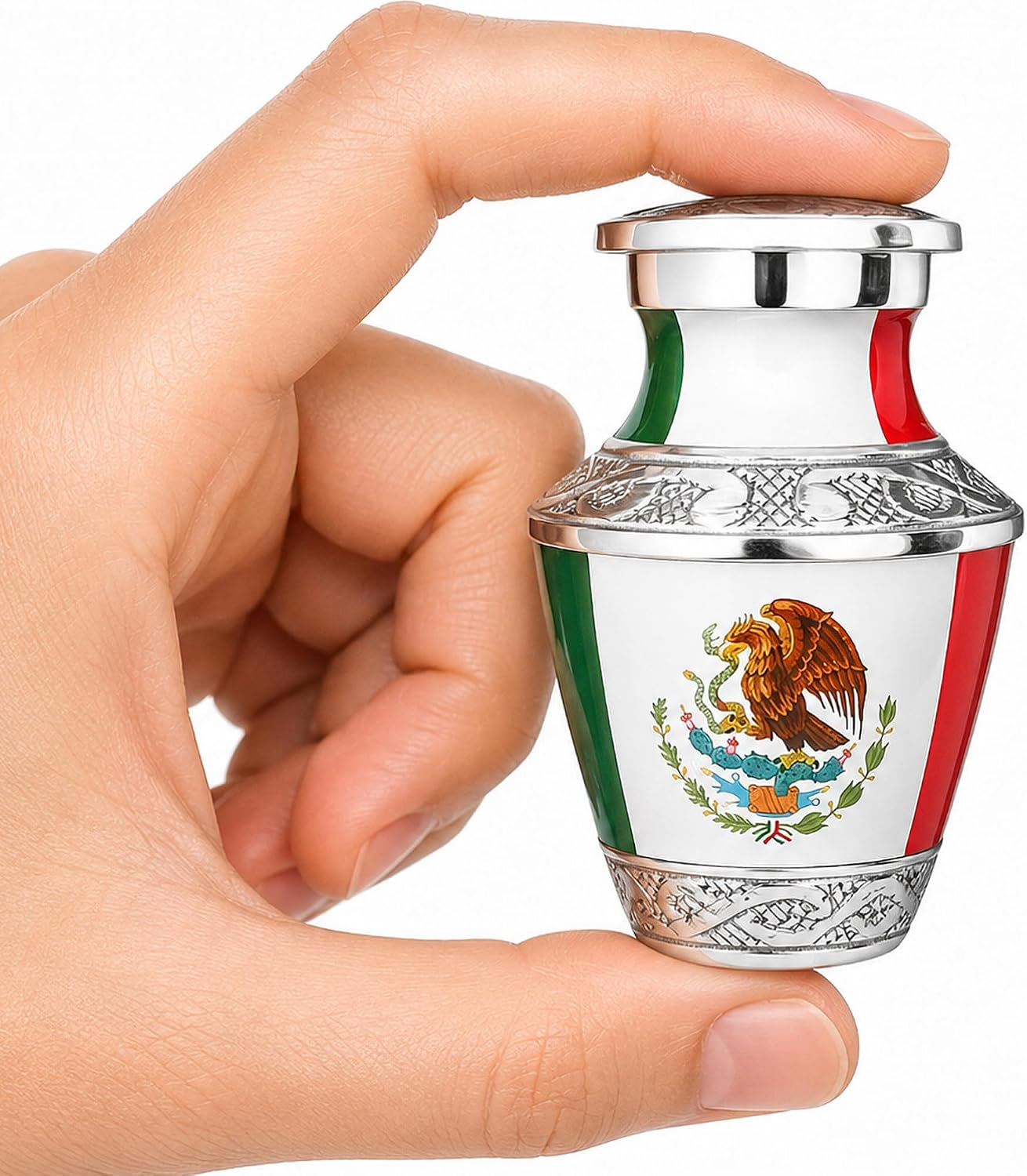 Mexican Flag Keepsake Cremation Urn - Hand Holding Size Reference Main Image