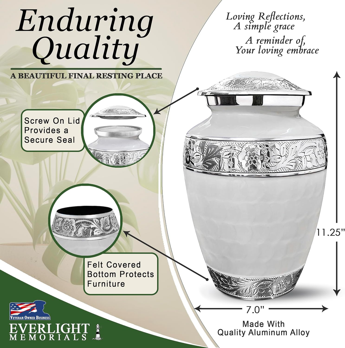 White Forever After Adult Cremation Urn dimensions 11.25 inches tall 7 inches wide