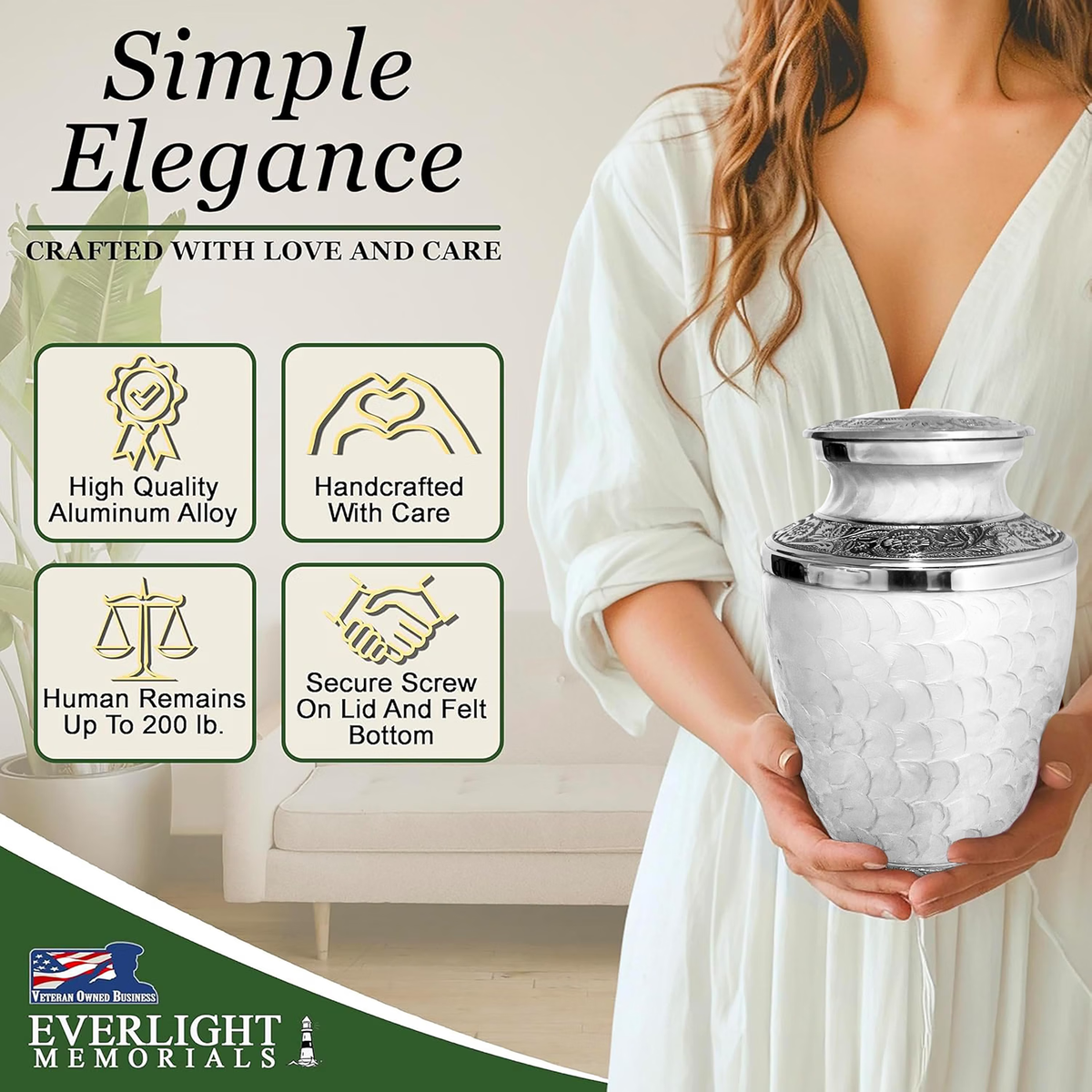White Loving Reflections urn with aluminum alloy and secure lid feature callouts