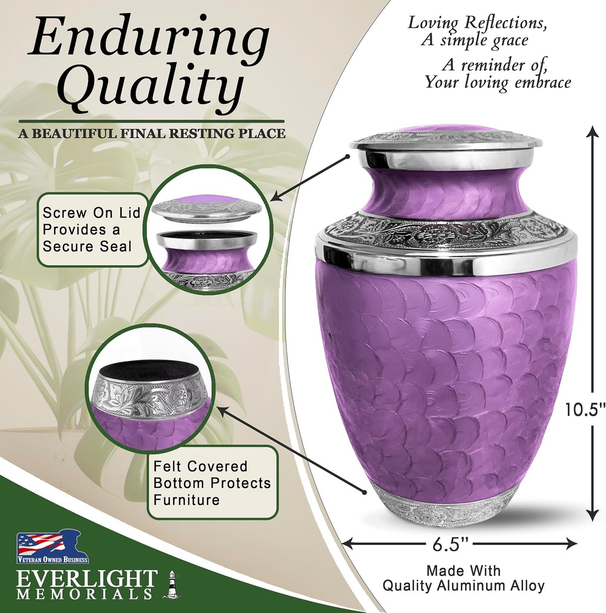 Purple Loving Reflections urn showing secure screw-on lid and dimensions