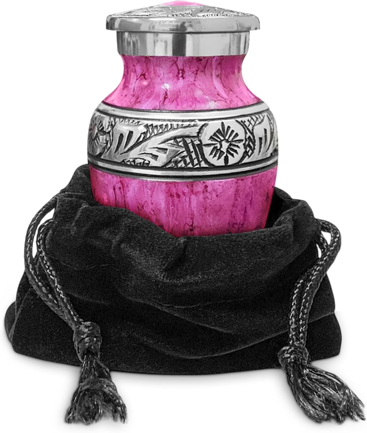 Purple watercolor small keepsake cremation urn with black velvet bag on white background