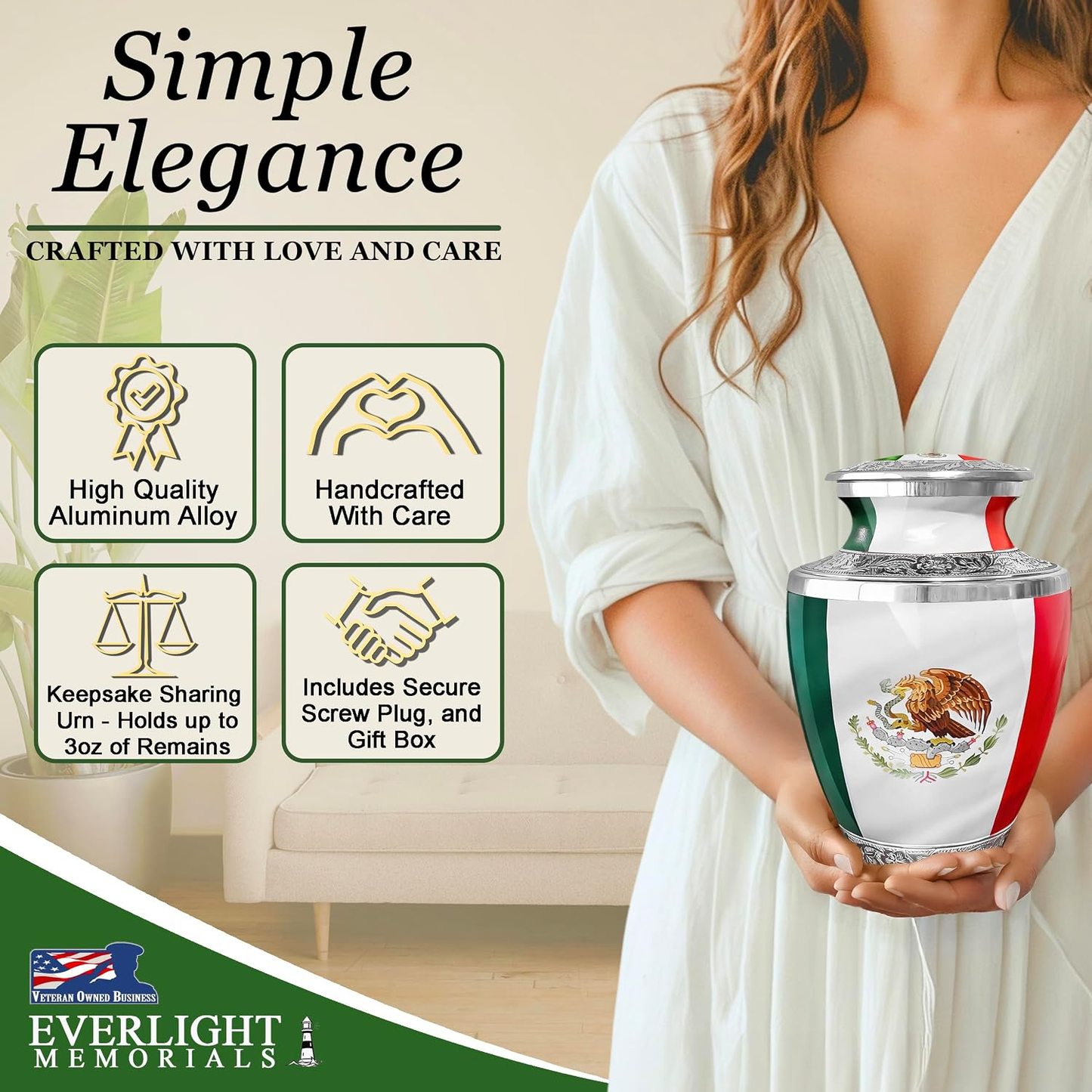 Mexican Flag Cremation Urn - Simple Elegance Features Infographic