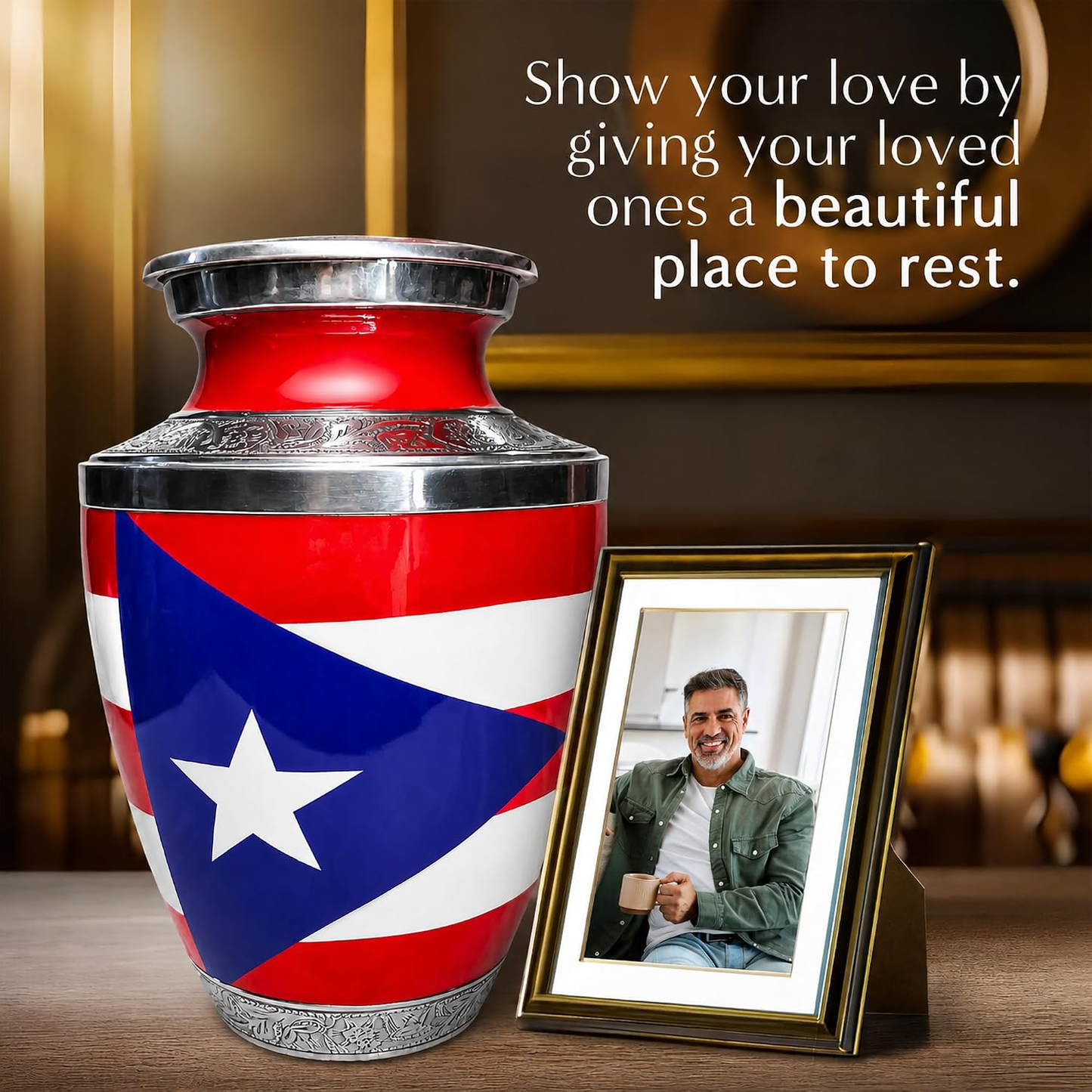 Puerto Rico Flag Adult Cremation Urn - Show Your Love Lifestyle Photo with Memorial Frame