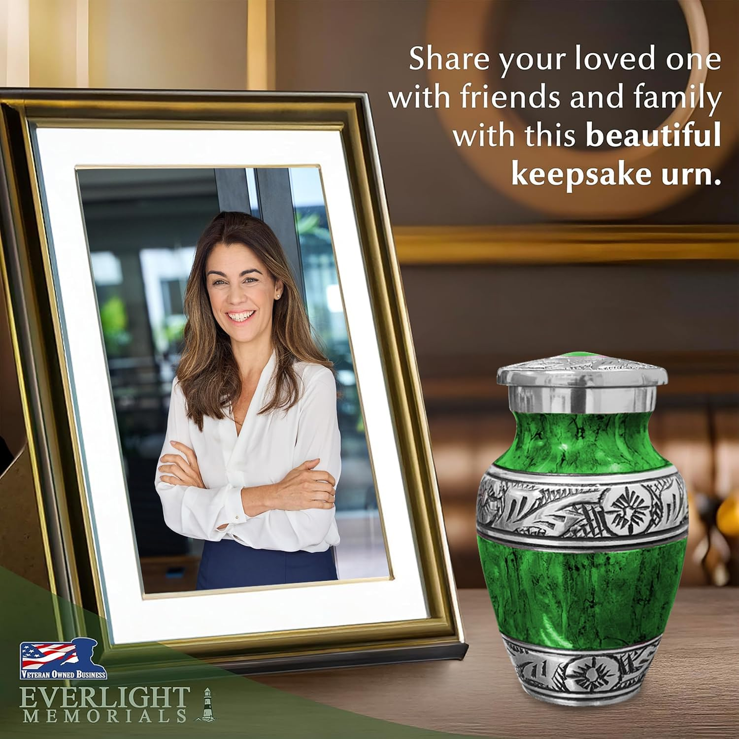 Green watercolor keepsake urn beside framed photo of woman on memorial table