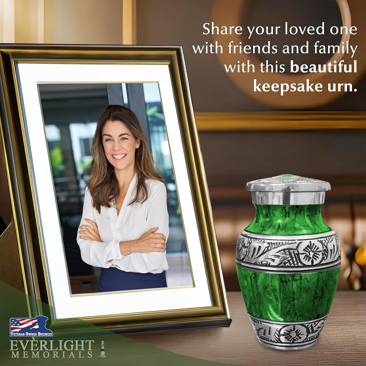 Green watercolor keepsake urn beside framed photo of woman on memorial table