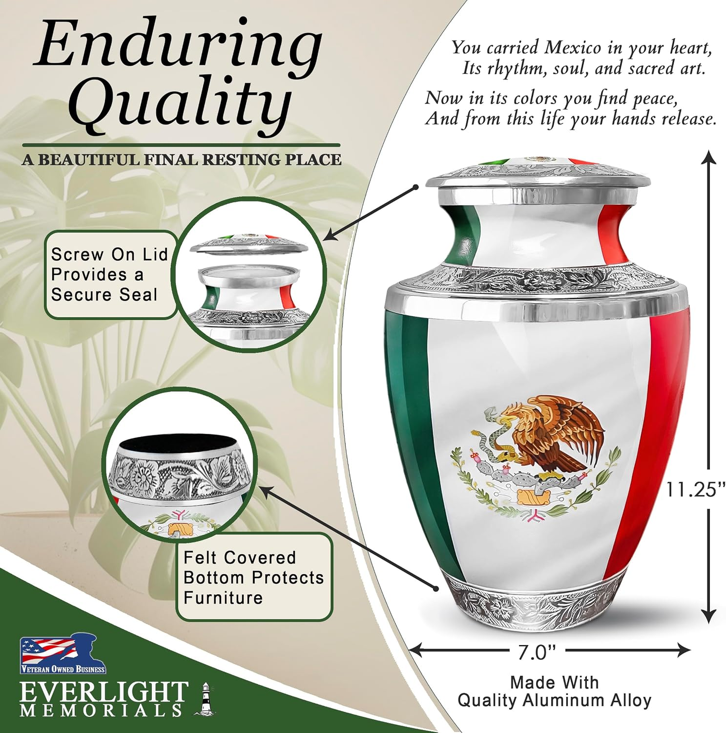 Mexican Flag Cremation Urn - Enduring Quality Dimensions Infographic 11.25 inches