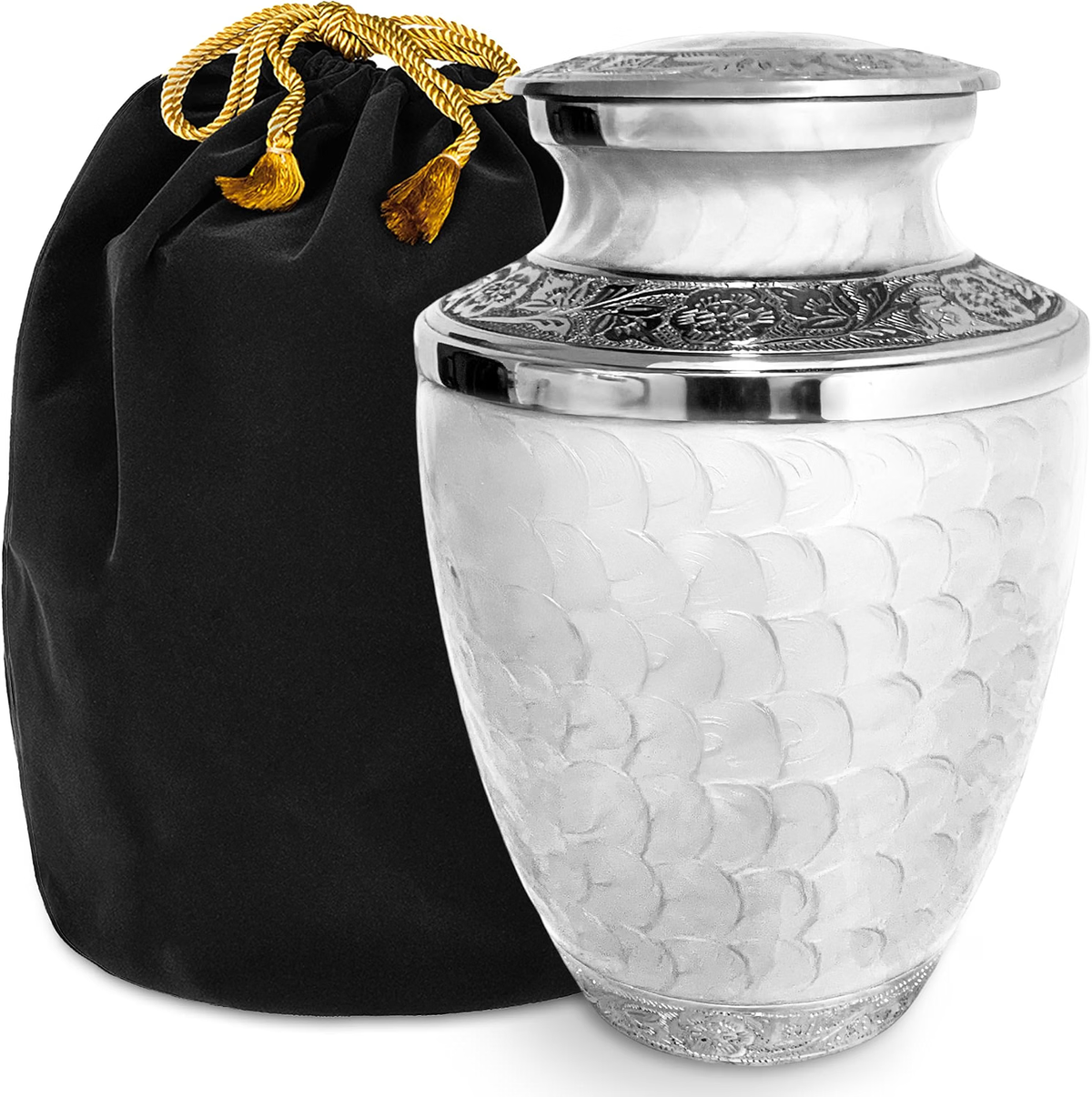 White Loving Reflections adult cremation urn with black velvet bag