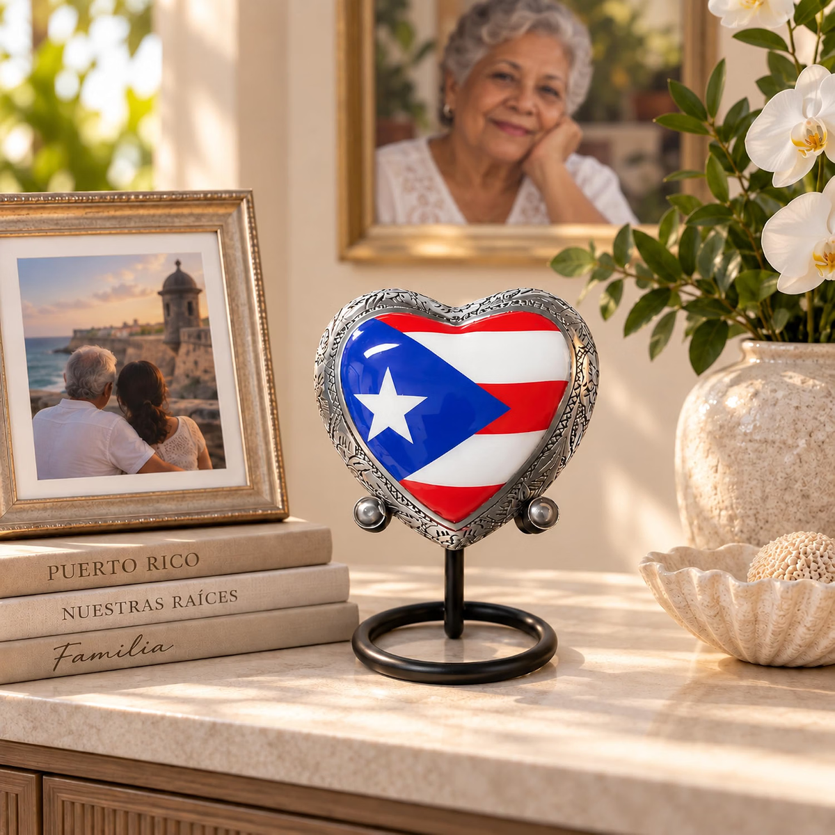 Puerto Rico heart keepsake urn lifestyle display on memorial table