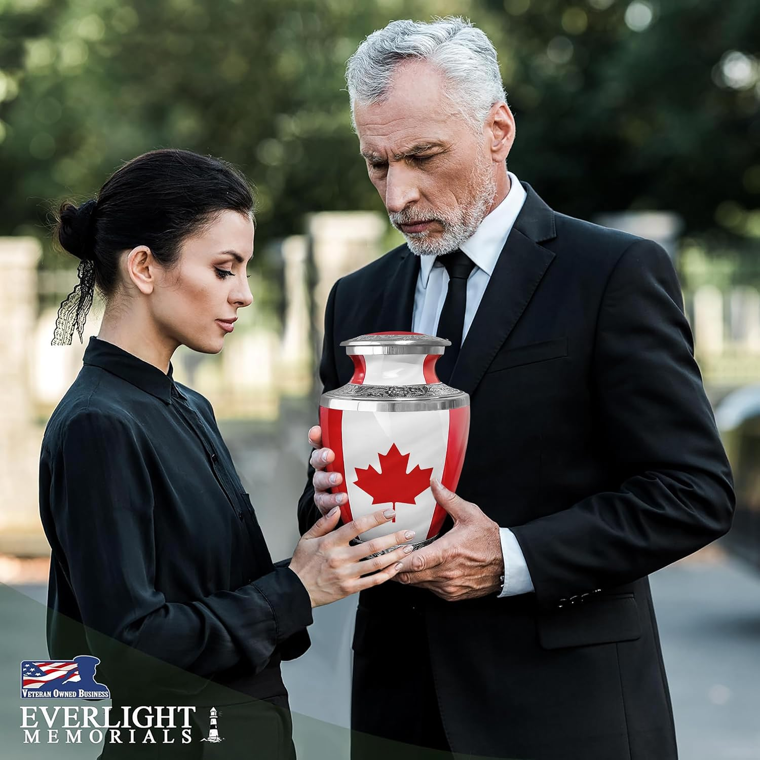 Canadian Maple Leaf Cremation Urn - Couple at Memorial Service Lifestyle Photo