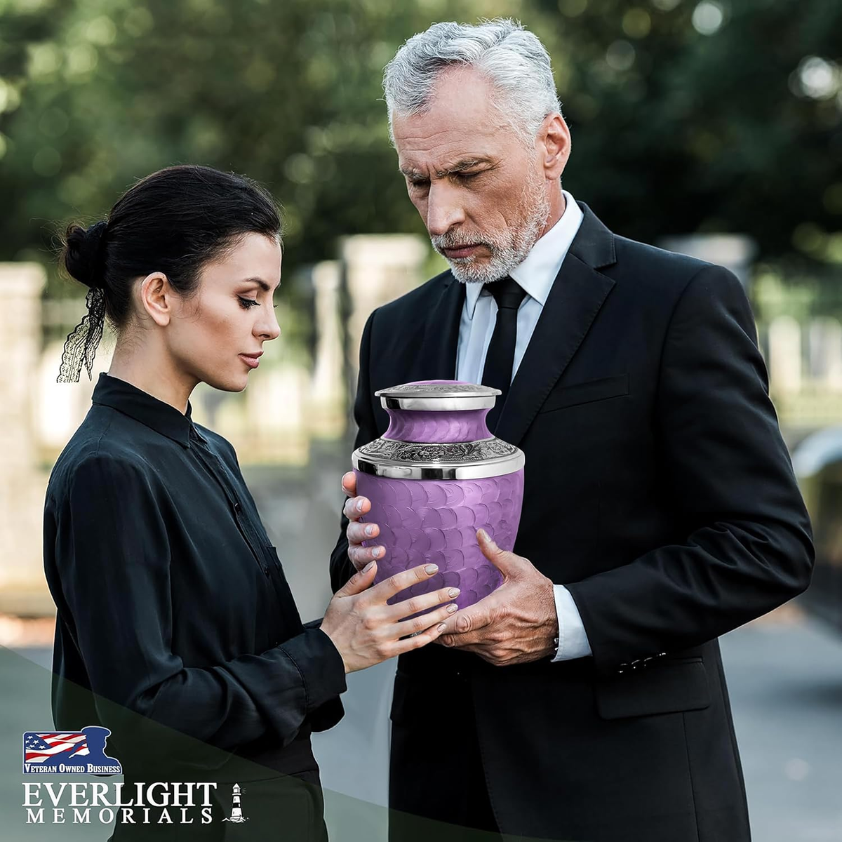 Purple Loving Reflections urn held during a memorial service