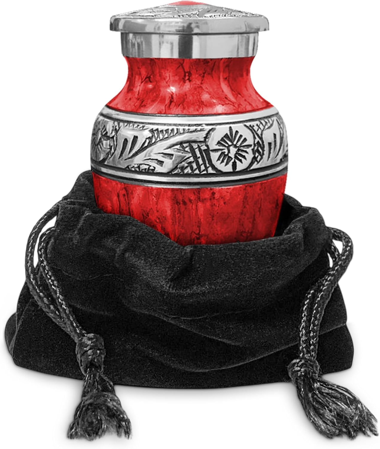 Red watercolor small keepsake cremation urn with black velvet bag on white background