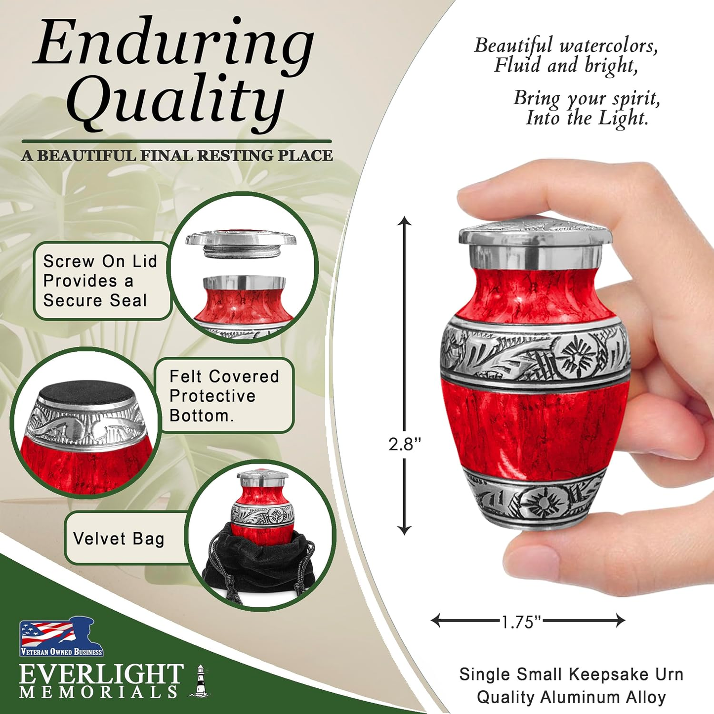 Red watercolor keepsake urn dimensions and features — 2.8 inches tall, screw lid, felt bottom, velvet bag