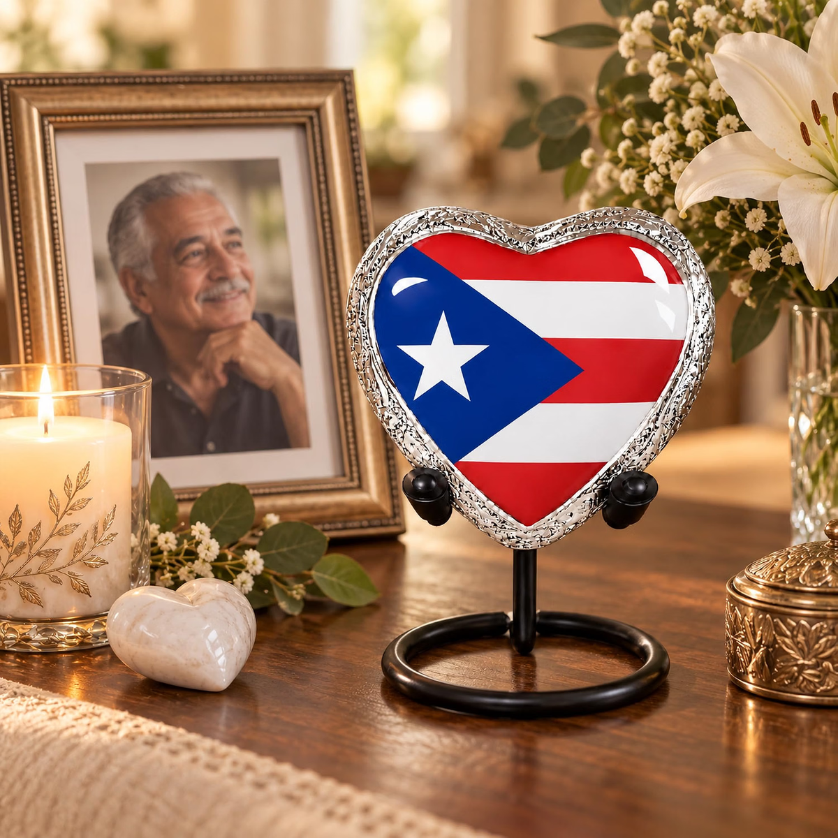 Puerto Rico heart keepsake urn on wooden table with lily flowers