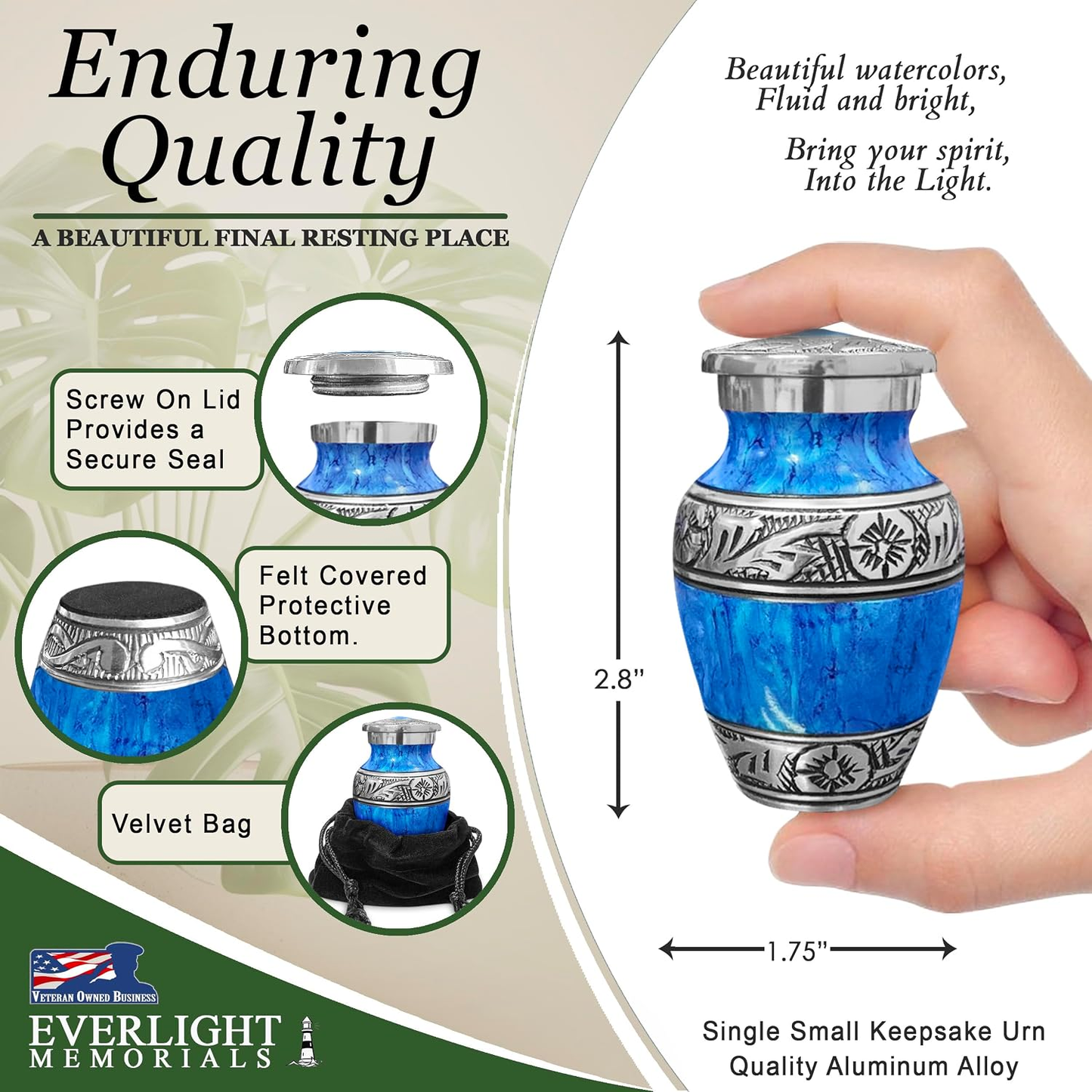 Light blue watercolor keepsake urn dimensions and features — 2.8 inches tall, screw lid, felt bottom, velvet bag
