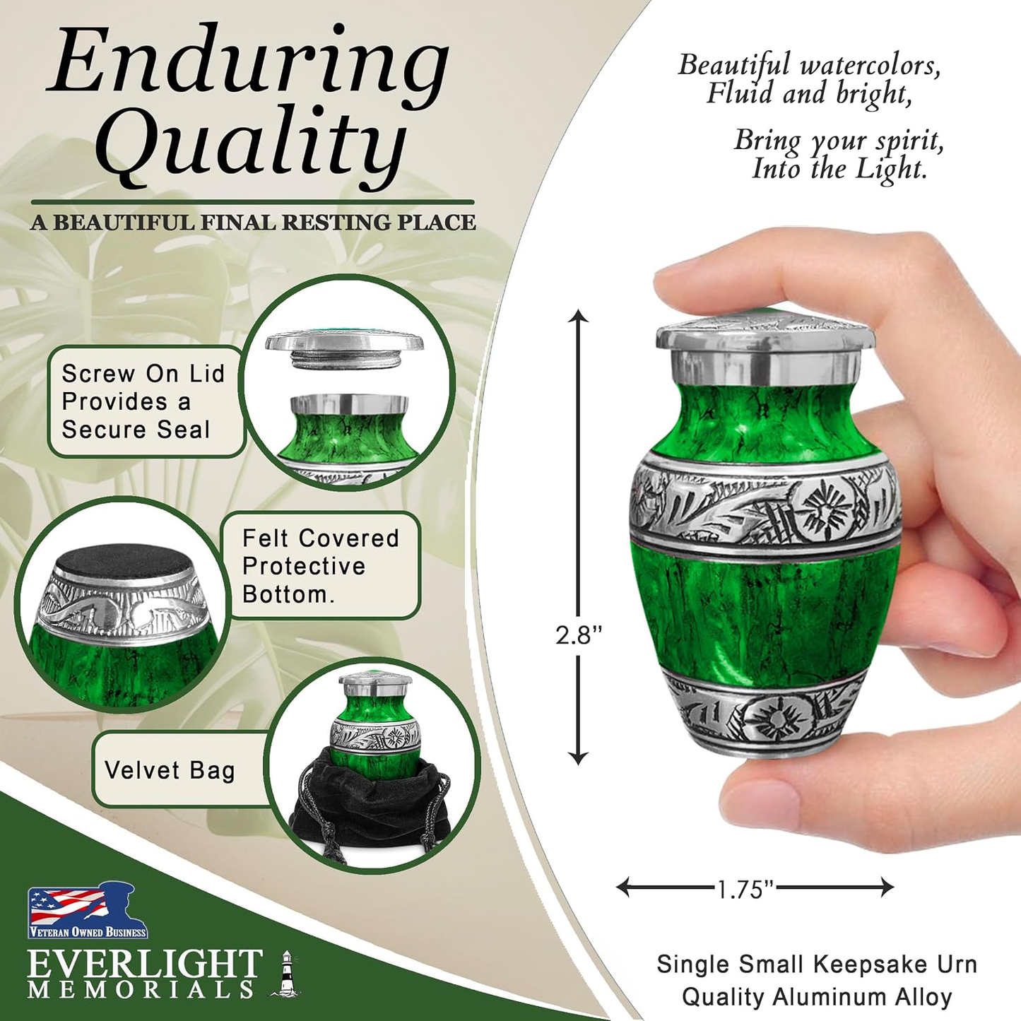 Green watercolor keepsake urn dimensions and features — 2.8 inches tall, screw lid, felt bottom, velvet bag