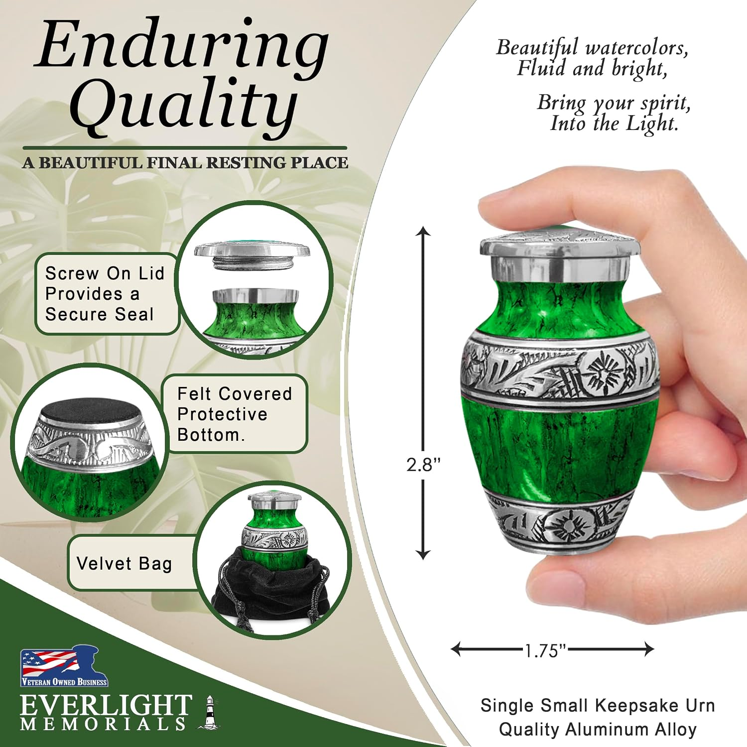 Green watercolor keepsake urn dimensions and features — 2.8 inches tall, screw lid, felt bottom, velvet bag