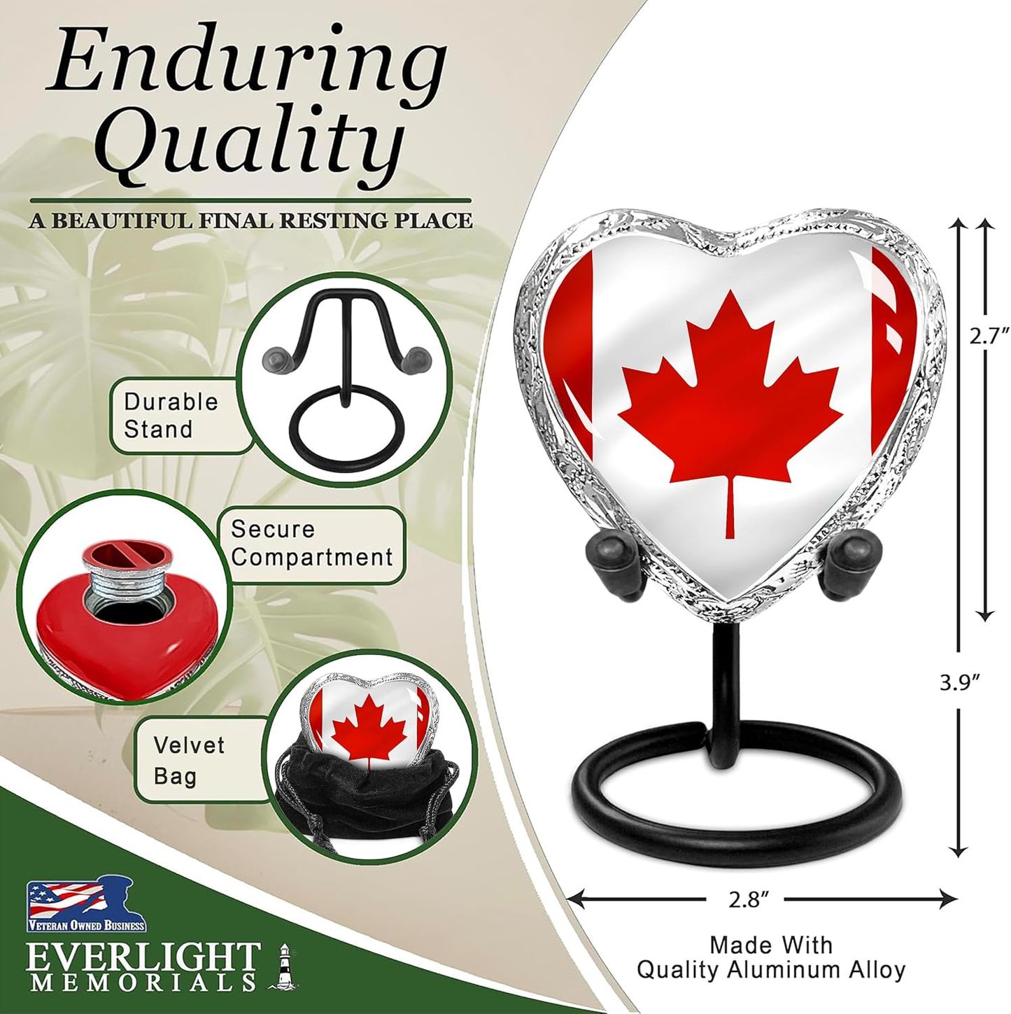 Canadian Flag Heart Keepsake Urn - Enduring Quality Dimensions Infographic 2.7 x 2.8 inches