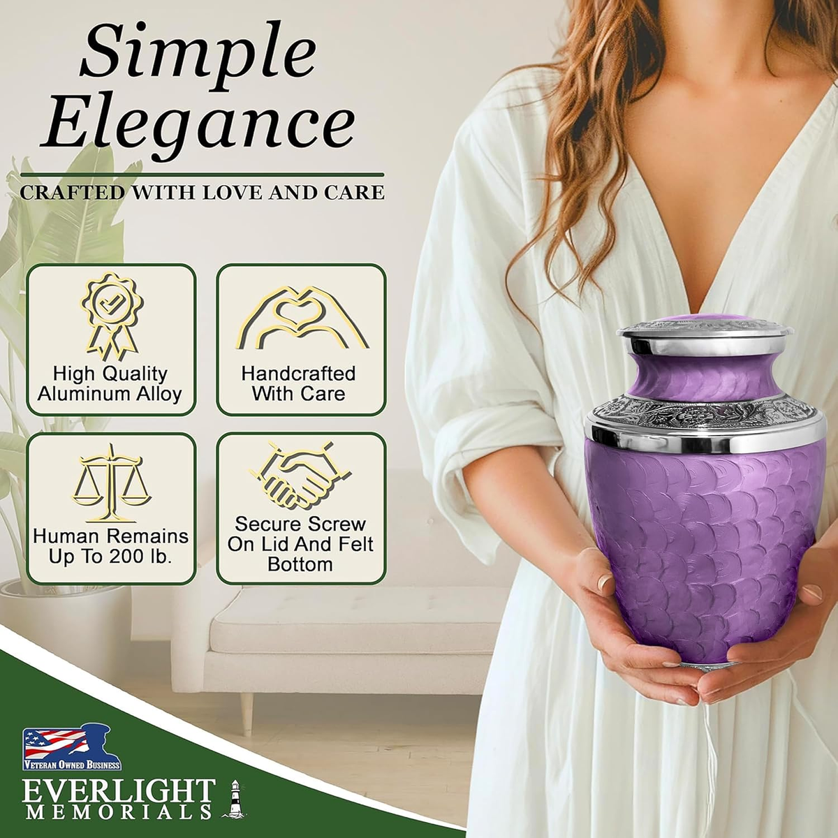 Purple Loving Reflections urn with aluminum alloy and secure lid feature callouts
