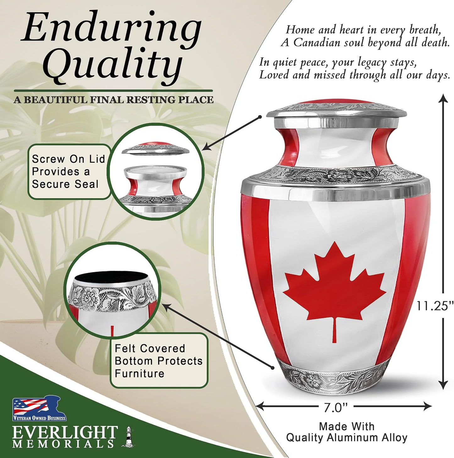 Canadian Maple Leaf Adult Cremation Urn - Enduring Quality Dimensions Infographic 11.25 inches