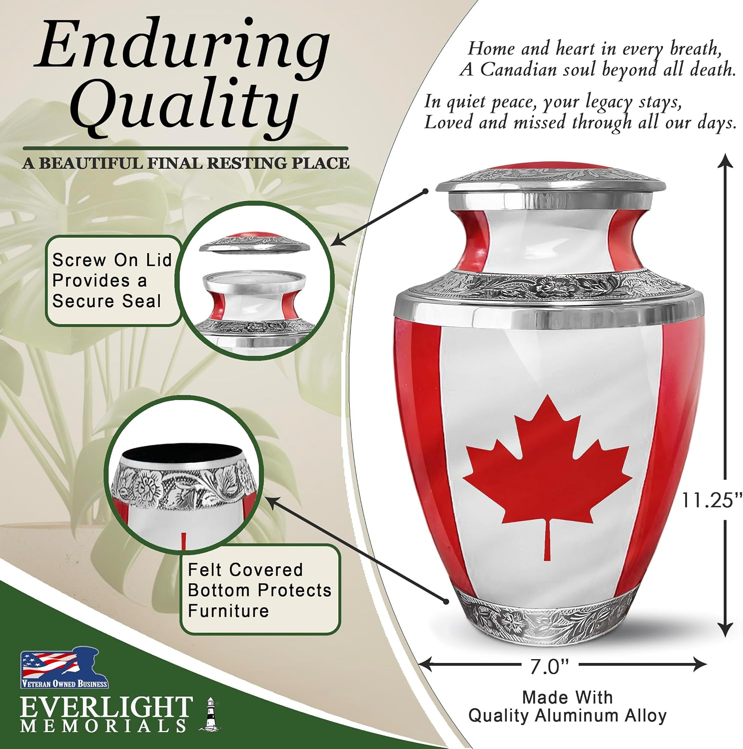 Canadian Maple Leaf Adult Cremation Urn - Enduring Quality Dimensions Infographic 11.25 inches