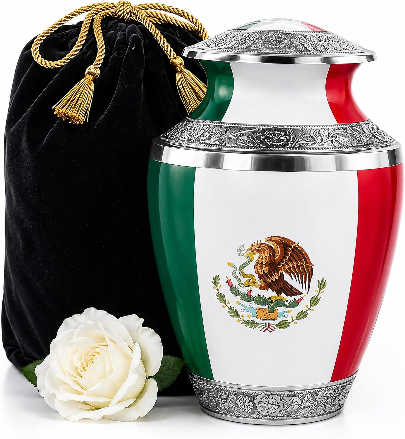 Mexican Flag Cremation Urn for Adult Ashes with Black Velvet Bag and White Rose - Main Image