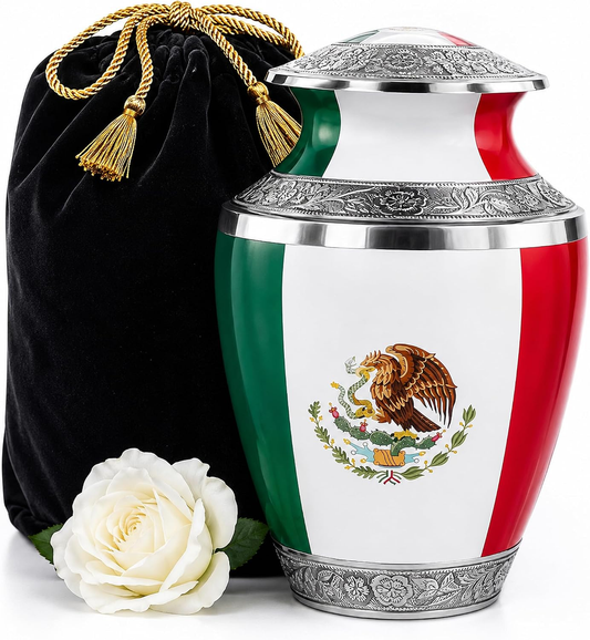 Mexican Flag Cremation Urn for Adult Ashes with Black Velvet Bag and White Rose - Main Image