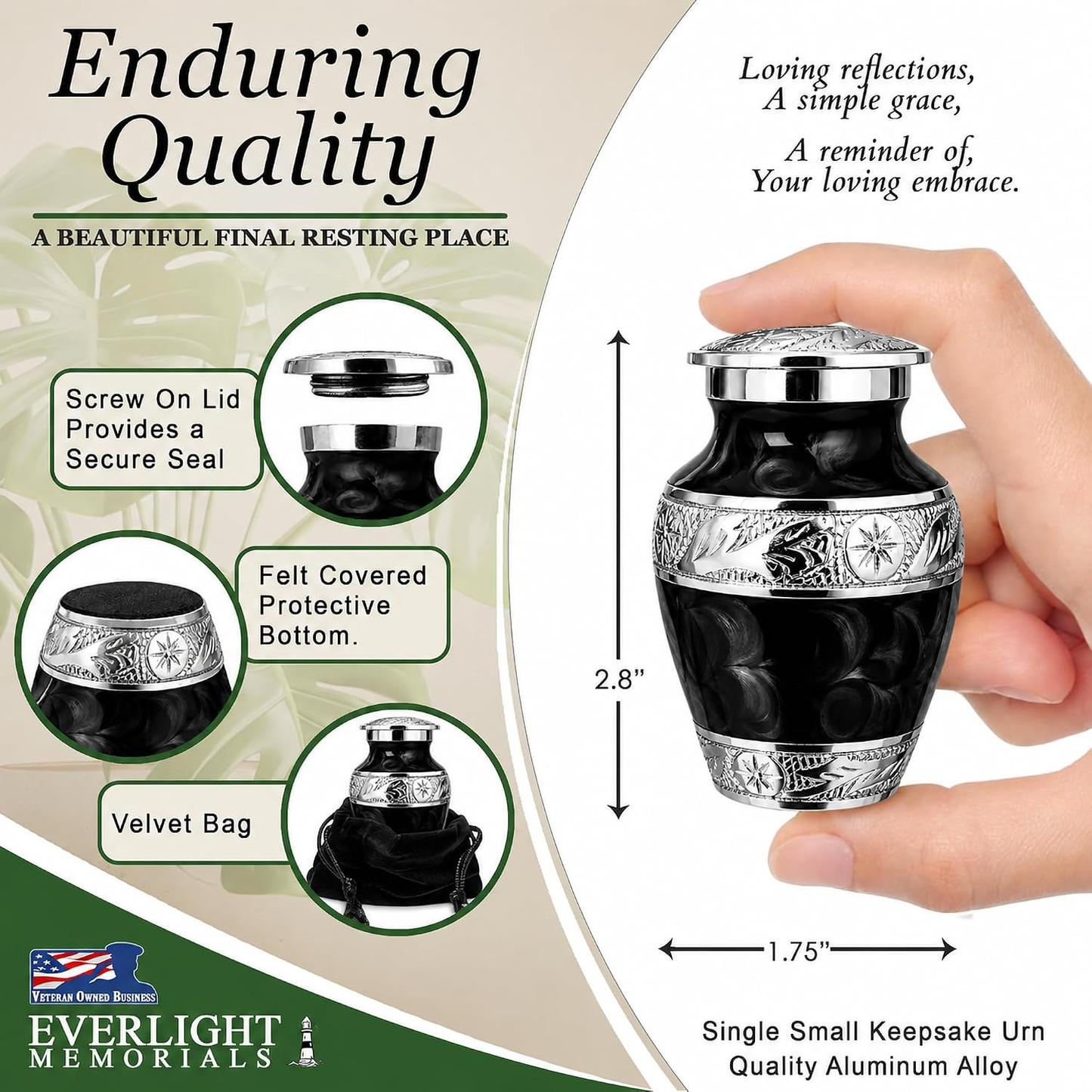 Black Forever After keepsake urn dimensions — 2.8 inches tall, screw lid, felt bottom, velvet bag