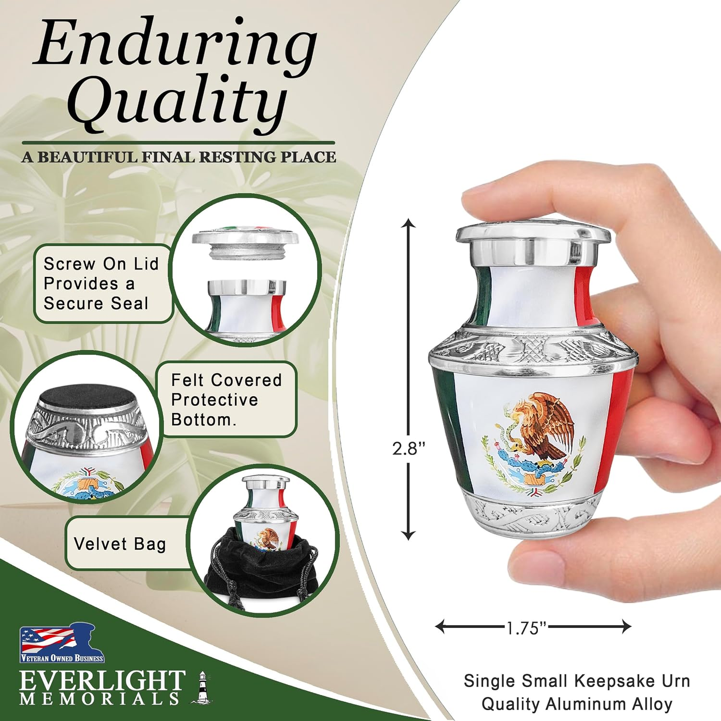 Mexican Flag Keepsake Urn - Enduring Quality Dimensions Infographic 2.8 inches