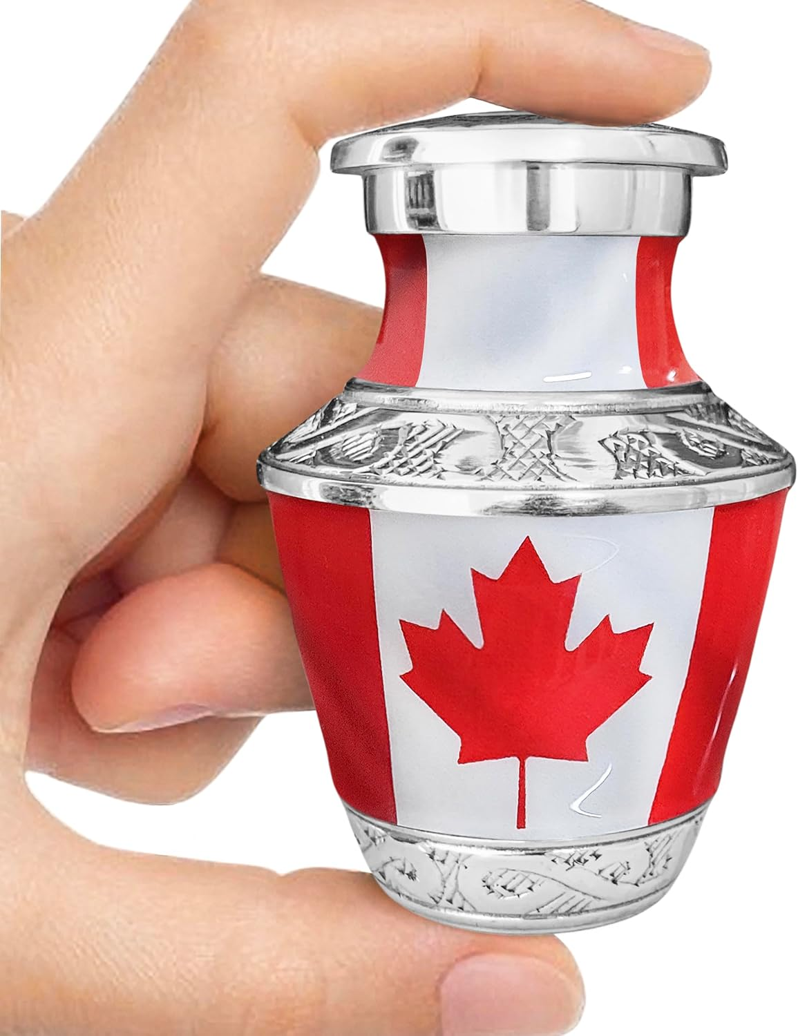 Canadian Maple Leaf Keepsake Cremation Urn - Hand Holding Size Reference Main Image